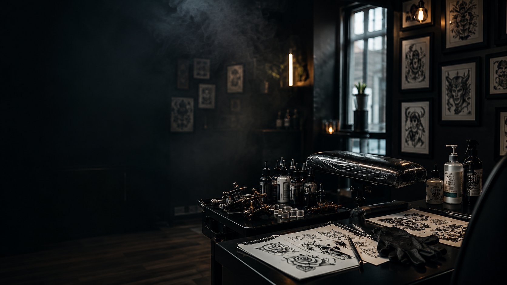The Emphasis Tattoo studio in Tampa — workstation with tattoo machines, flash sheets, and supplies under moody lighting